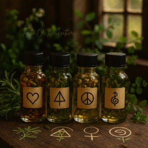 four glass bottles sitting on a brown desk with symbols on the bottle and in front of the bottle. with green plants in the back ground.