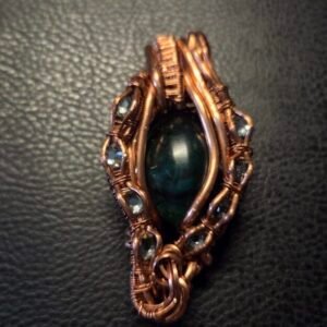 Dark Green Petri Stone and Gray Crystal Pendant In Raw Copper