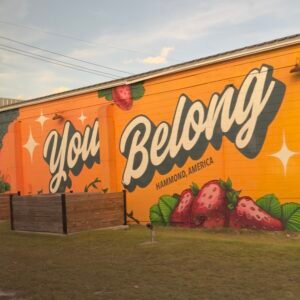 photo of colorful mural on a building that says “You Belong” with large strawberries painted along the bottom