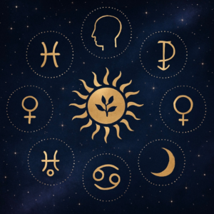 a dark blue background with gold zodiac symbols around the center of a sun image