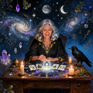 a crone sitting at a desk with tarot cards laid out in front of her. a crow and candles on top of the desk. cosmic symbols behind her.