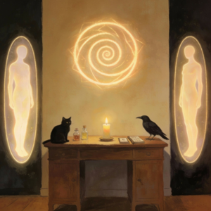 an image of a brown desk with a black cat and a crow and a candle atop. two illuminated souls on each side and a spiral image above