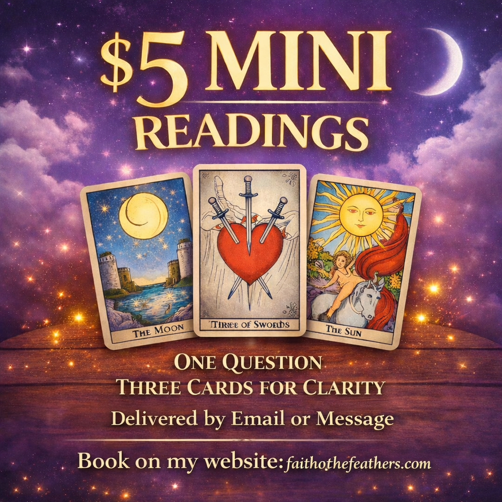 Promotional social media graphic for $5 mini tarot readings. The background is a mystical starry night in purple and blue hues with a crescent moon. Three tarot cards—The Moon, Three of Swords, and The Sun—are centered on a wooden surface. Text reads: "$5 Mini Reading, One Question, Three Cards for Clarity, Delivered by Email or Message, Book on my website: faithofthefeathers.com."